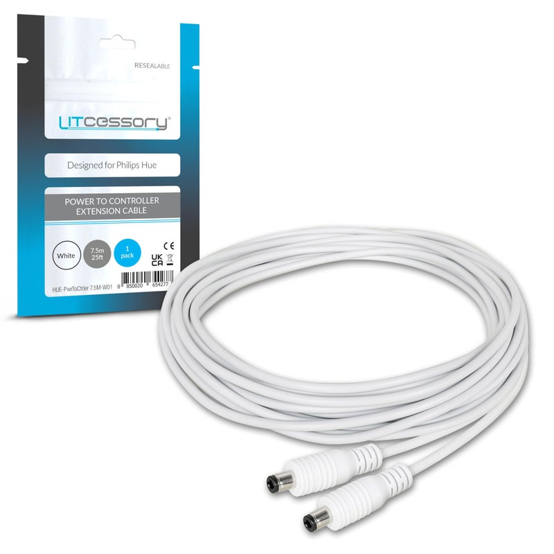 Litcessory Power to Controller Extension Cable for Philips Hue Lightstrip Plus/Gradient, NOT for Solo & Omniglow Lightstrip (25ft, 1 Pack, White) - Image 1
