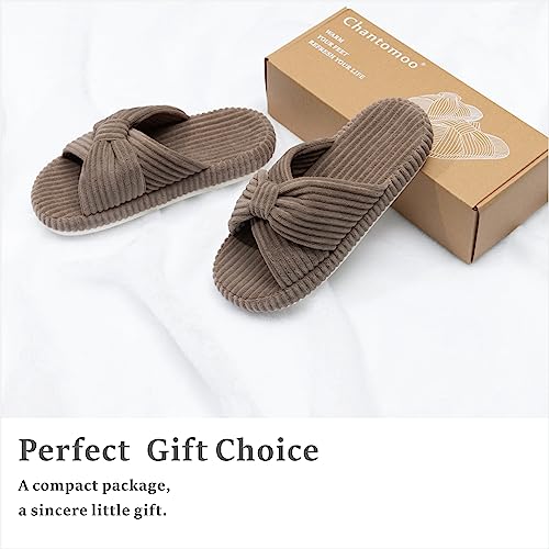 Chantomoo Slippers for Women Memory Foam House Bedroom Corduroy Bow Crossbands Slide Slipper Shoes Comfy Trendy Gift Slippers Brownsize 9 10 8.5 - Image 5