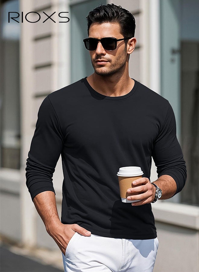 RIOXS Men's T-Shirt, Classic Round Neck Long Sleeve Tops for Men, Soft Cotton Tshirt, Basic Male Pullover Tops, Comfortable Bottom Casual T-Shirts, Black Versatile Tee Shirt, for Daily Wear, Casual, Work, Street, Walking - Image 1