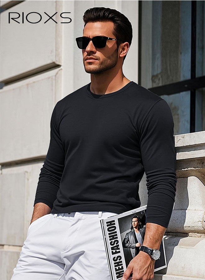 RIOXS Men's T-Shirt, Classic Round Neck Long Sleeve Tops for Men, Soft Cotton Tshirt, Basic Male Pullover Tops, Comfortable Bottom Casual T-Shirts, Black Versatile Tee Shirt, for Daily Wear, Casual, Work, Street, Walking - Image 2