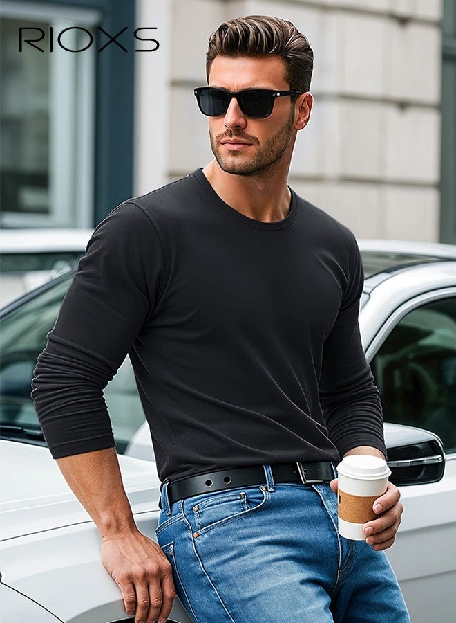 RIOXS Men's T-Shirt, Classic Round Neck Long Sleeve Tops for Men, Soft Cotton Tshirt, Basic Male Pullover Tops, Comfortable Bottom Casual T-Shirts, Black Versatile Tee Shirt, for Daily Wear, Casual, Work, Street, Walking - Image 3