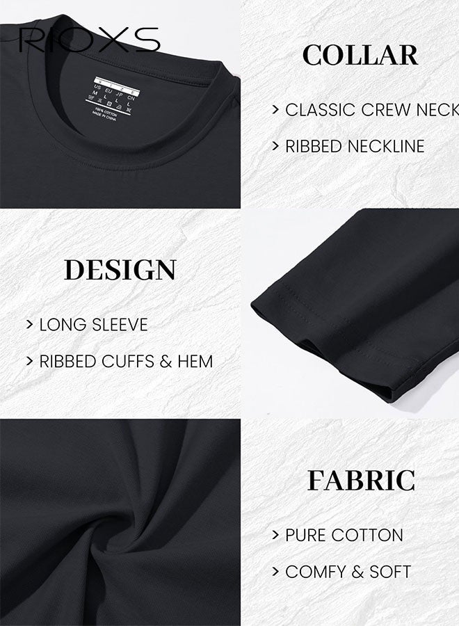 RIOXS Men's T-Shirt, Classic Round Neck Long Sleeve Tops for Men, Soft Cotton Tshirt, Basic Male Pullover Tops, Comfortable Bottom Casual T-Shirts, Black Versatile Tee Shirt, for Daily Wear, Casual, Work, Street, Walking - Image 5