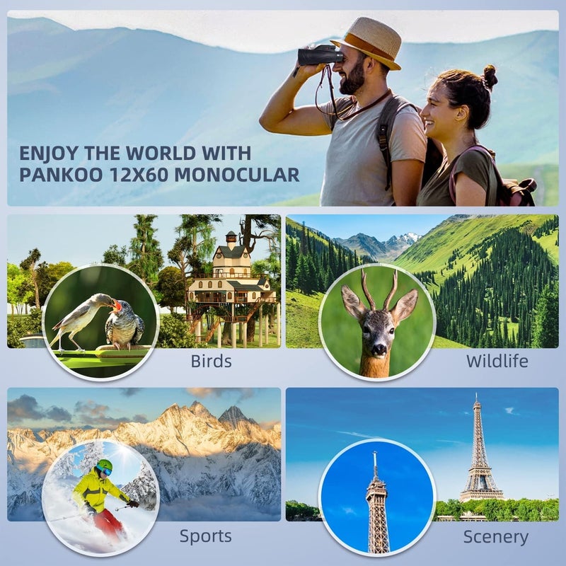 Pankoo 12x60 Monocular Telescope High Powered with Smartphone Adapter Tripod and Portable Bag, Larger Vision Monoculars for Adults with BAK4 Prism & FMC Lens, Suitable for Bird Watching Hiking Travel - Image 5