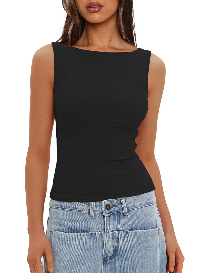 Darong Women's Boat Neck Tank Top Sleeveless Double Lined Basic Tops Going Out Casual Tank Shirts 9081 Black S - Image 1