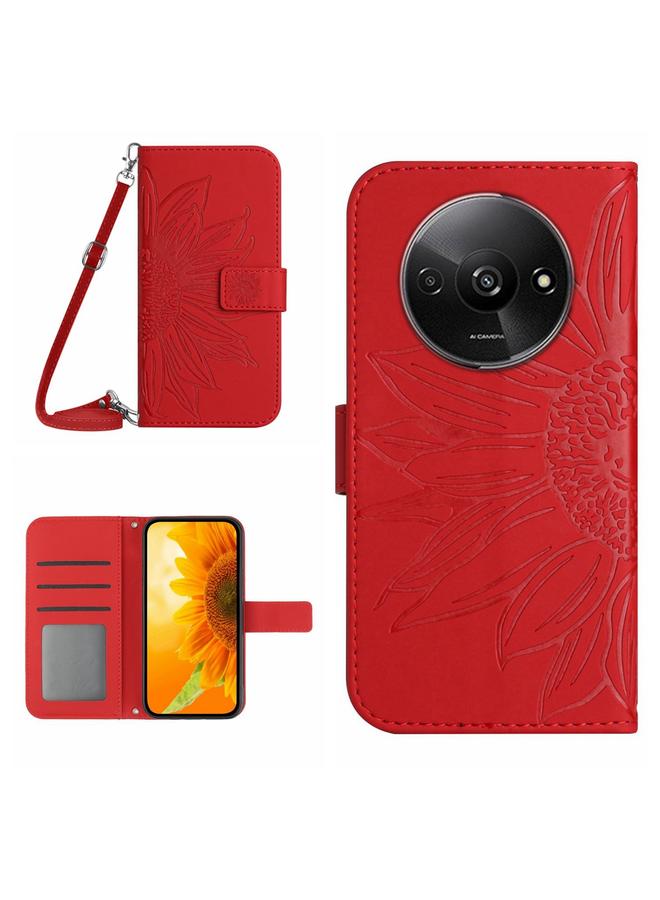 جرين تايجر حافظة هاتف جلدية قابلة للطي منقوشة بزهرة الشمس لهاتف Xiaomi Redmi A3 مع حبل (أحمر)