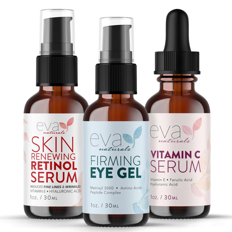 Eva Naturals Facelift in a Bottle Serum Set â€“ Vitamin C, Retinol & Eye Gel for Face & Eyelid â€“ Firming Wrinkle Moisturizer Kit â€“ Dark Circle, Eye Bag & Neck Care â€“ Anti Wrinkle Skin Care for Women - Image 1