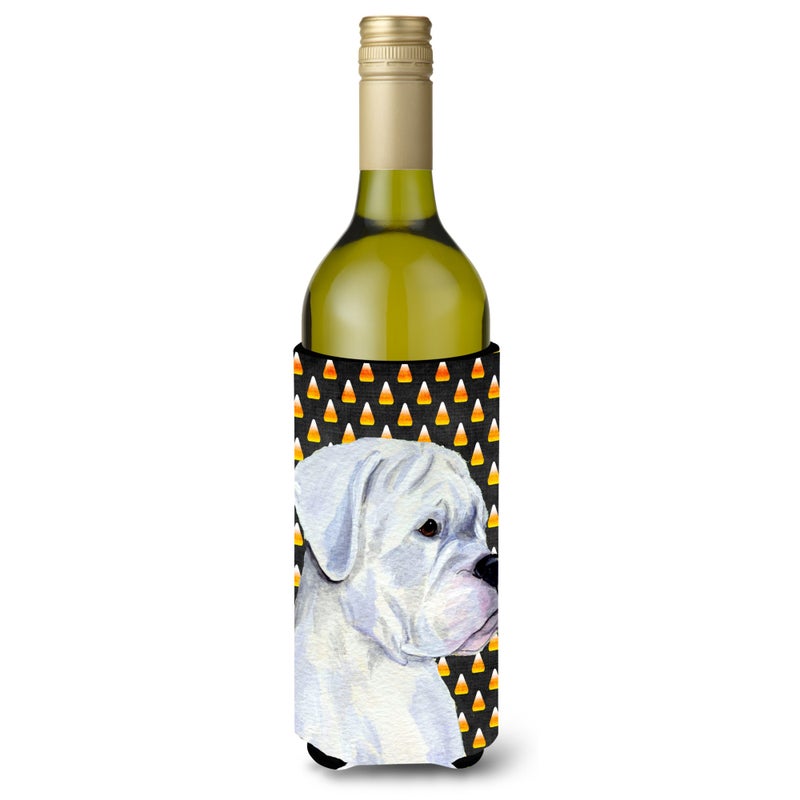 Caroline's Treasures Boxer White Candy Corn Halloween Portrait Wine Bottle Beverage Insulator Beverage Insulator Hugger 