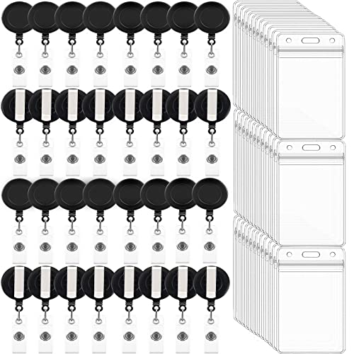 Beieverluck 100 Pack Retractable Badge Reel Clips with 100 Pack Vertical ID Card Holders Retractable Badge Holders with Clip ID Badge Clips with Name Card Holder for Nurses Office School,Black - Image 1