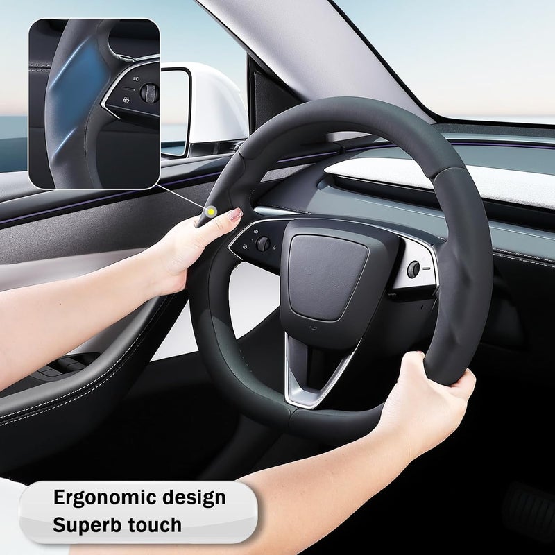 Aotoyou غطاء عجلة القيادة لطراز تسلا Model 3 من عام 2024 حتى الآن، موديلات Highland/Tesla Model Y Juniper لعام 2025 حتى الآن، غطاء عجلة قيادة من الجلد لطراز تسلا Model 3 موديلات Highland/Y Juniper، لون أسود - Image 4