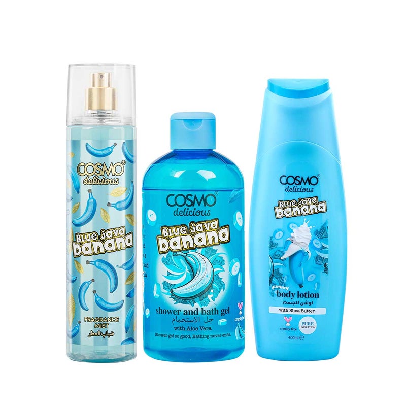 Cosmo Skin Care Delicious Blue Java Banana Sundae 3 Pieces Gift Set For Women & Men, 150ml Fragrance Mist, 350ml Aloe Vera Shower Gel, 200ml Shea Butter Body Lotion, Creamy Banana Fragrance - Image 2