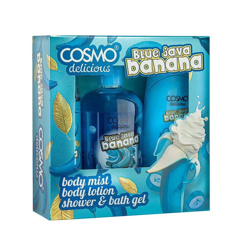 Cosmo Skin Care Delicious Blue Java Banana Sundae 3 Pieces Gift Set For Women & Men, 150ml Fragrance Mist, 350ml Aloe Vera Shower Gel, 200ml Shea Butter Body Lotion, Creamy Banana Fragrance - Image 1