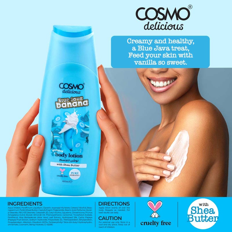 Cosmo Skin Care Delicious Blue Java Banana Sundae 3 Pieces Gift Set For Women & Men, 150ml Fragrance Mist, 350ml Aloe Vera Shower Gel, 200ml Shea Butter Body Lotion, Creamy Banana Fragrance - Image 5