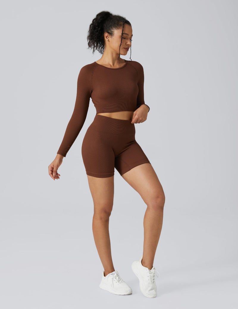 Buttergene Women Workout Sets 2 Pieces Long Sleeve Yoga Outfits Gym Clothes Seamless Ribbed Crop Top High Waist Leggings - Image 3