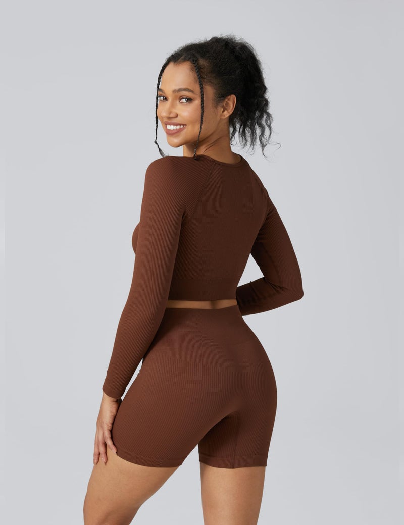 Buttergene Women Workout Sets 2 Pieces Long Sleeve Yoga Outfits Gym Clothes Seamless Ribbed Crop Top High Waist Leggings - Image 4
