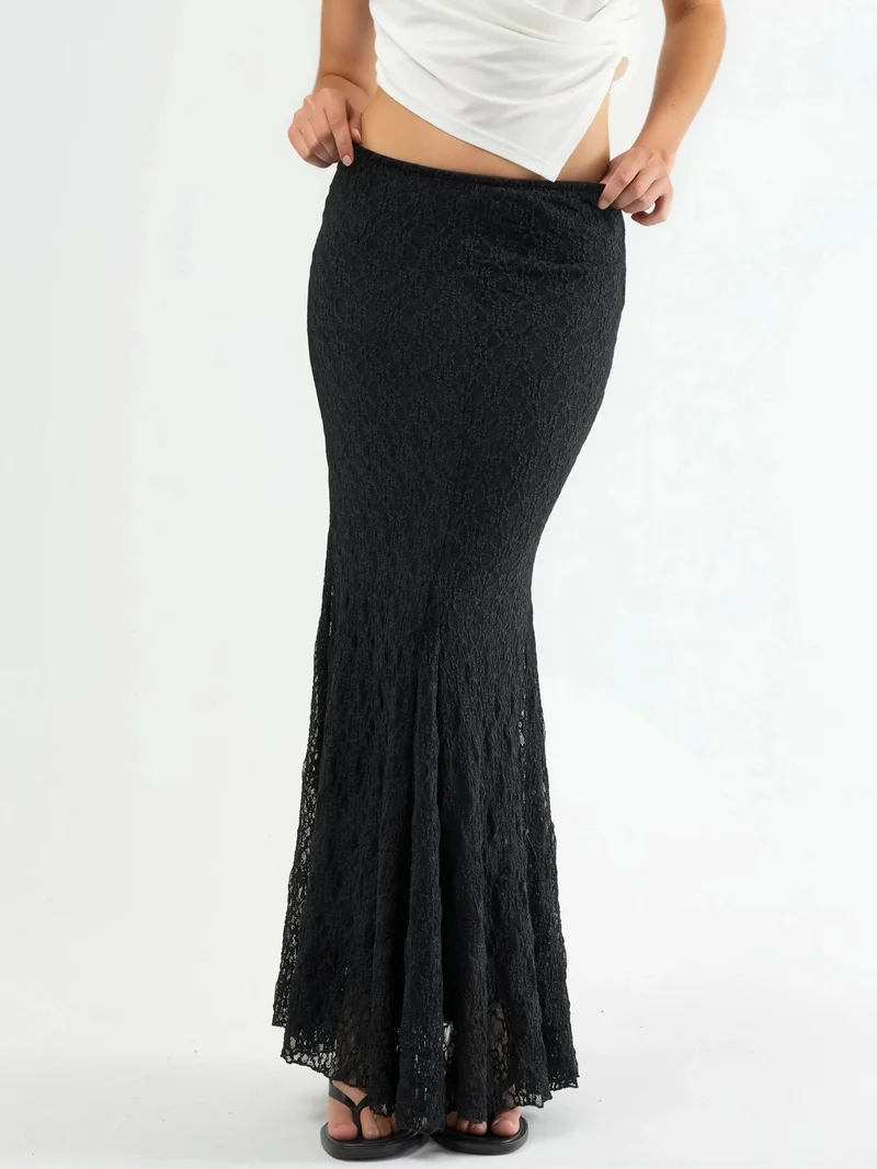 Qustyle QU STYLE High Waist Lace Maxi Skirt with Slit