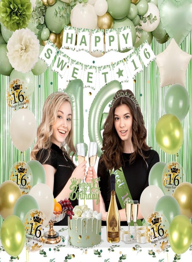زينة حفلة عيد الميلاد السادس عشر، زينة عيد ميلاد الفتيات السادس عشر باللون الأخضر الزيتوني، لافتة عيد ميلاد السادس عشر، بالونات خضراء وذهبية، تاج، وشاح، ستارة مزينة بشراشيب، مفرش طاولة، زينة كعكة عيد ميلاد الفتيات السادس عشر - Image 4