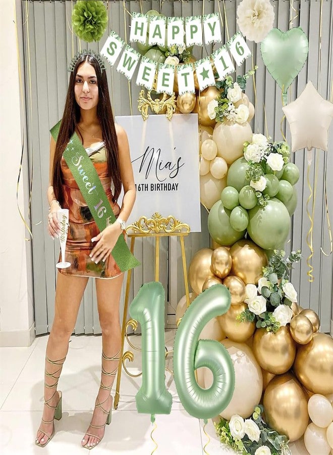 زينة حفلة عيد الميلاد السادس عشر، زينة عيد ميلاد الفتيات السادس عشر باللون الأخضر الزيتوني، لافتة عيد ميلاد السادس عشر، بالونات خضراء وذهبية، تاج، وشاح، ستارة مزينة بشراشيب، مفرش طاولة، زينة كعكة عيد ميلاد الفتيات السادس عشر - Image 5