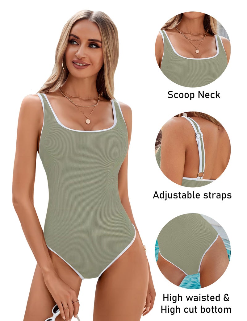 BMJL Women's One Piece Swimsuit Sports Adjustable Strap Bathing Suit Color Block Ribbed High Cut Swimsuits(S,Army Green) - Image 4