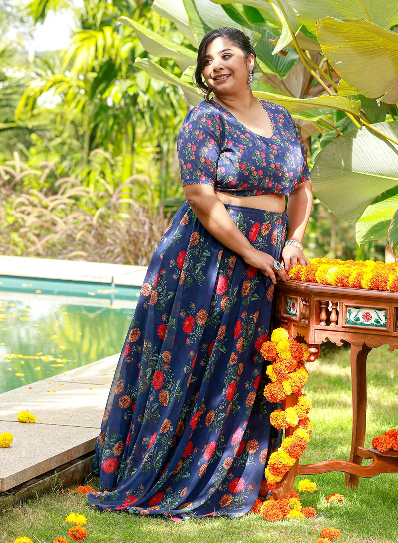 Instafab Plus Women's Bloom-Imprint Lehenga Co-Ord Set For Ethnic Wear | V-Scoop Neck, Short Sleeves | Floral Print Woven Fabric | 3 Piece Co-Ords Designed For Evening & Party Wear | Indigo Blue