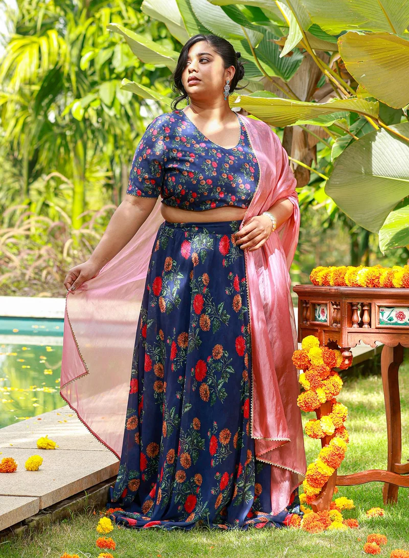 Women's Bloom-Imprint Lehenga Co-Ord Set For Ethnic Wear | V-Scoop Neck, Short Sleeves | Floral Print Woven Fabric | 3 Piece Co-Ords Designed For Evening & Party Wear | Indigo Blue