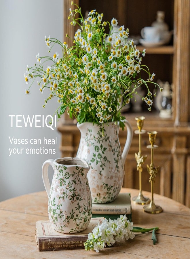 Teweiqi Vintage White and Green Floral Ceramic Vase with Handle, Retro Ice Glazed Crack Farmhouse Pitcher Vase for Home Decor, Living Room, Shelf, Office, Rustic Table Centerpiece 6 Inch - Image 2