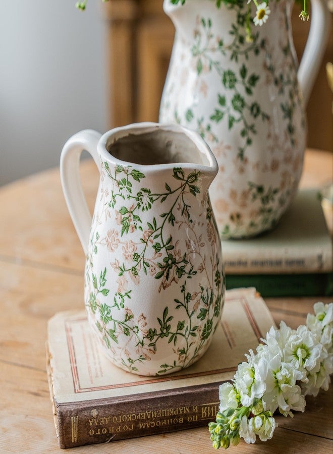 Teweiqi Vintage White and Green Floral Ceramic Vase with Handle, Retro Ice Glazed Crack Farmhouse Pitcher Vase for Home Decor, Living Room, Shelf, Office, Rustic Table Centerpiece 6 Inch - Image 1