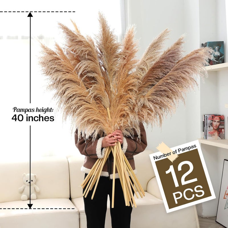 Pasuvsigt 40" inch 12 pcs Natural Pampas Grass Decor Tall,Boho Home Decor,Pompas Grass,Dried Tall Pampas Grass for Wedding Floral Arrangements,Farmhouse,Party,Farmhouse,Wall,Bedroom Decor - Image 2