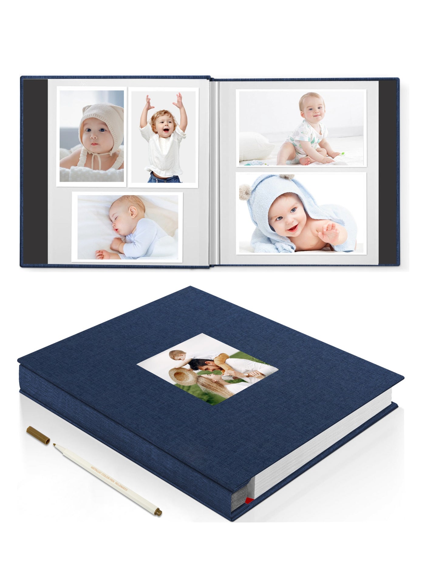 Large Photo Album Scrapbook with Window, Linen Self Adhesive Scrapbook Album, Wedding Anniversary Birthday Valentines Day, 28cm x 27cm 40 Blank Pages Memory Book with A Metallic Pen Blue