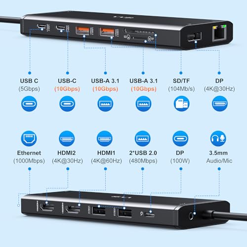 VVB USB C Docking Station Dual Monitor for Dell/Lenovo/HP Laptop Docking Station HDMI USB C Hub Multiport Adapter Dongle Dock USB C to 2 HDMI +DisplayPort+Ethernet+4USB+2USB C+100W PD Charger+SD/TF+Audio - Image 2