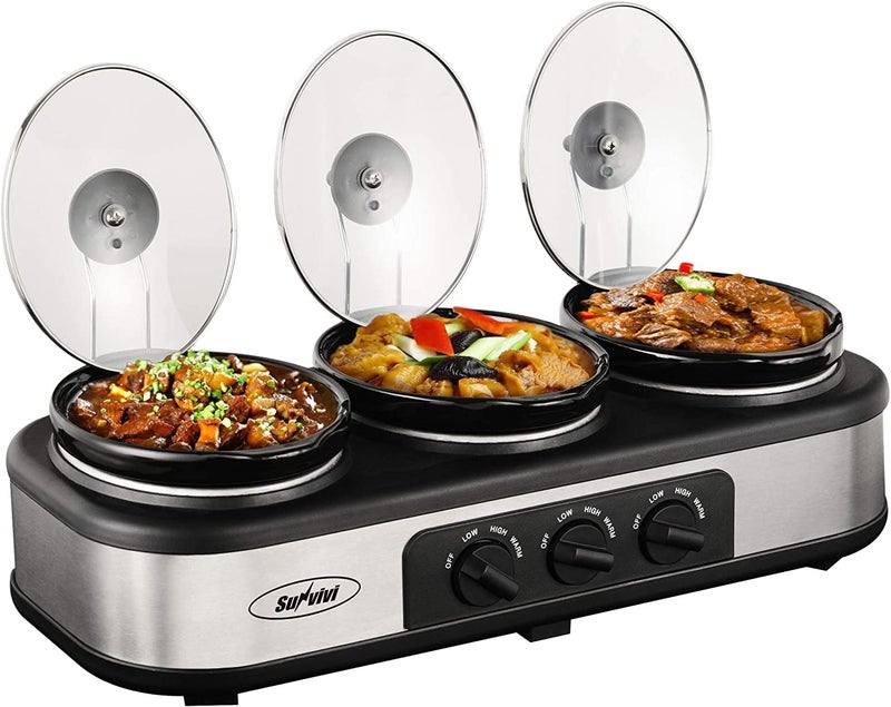 Sunvivi Sunvivi Slow Cooker Triple Slow Cooker Buffet Server and Food Warmer 3Section 15Quart Upgraded Oval Ceramic Pot with Stainless Steel Lid Rests 3 Spoons Total 45 QT 