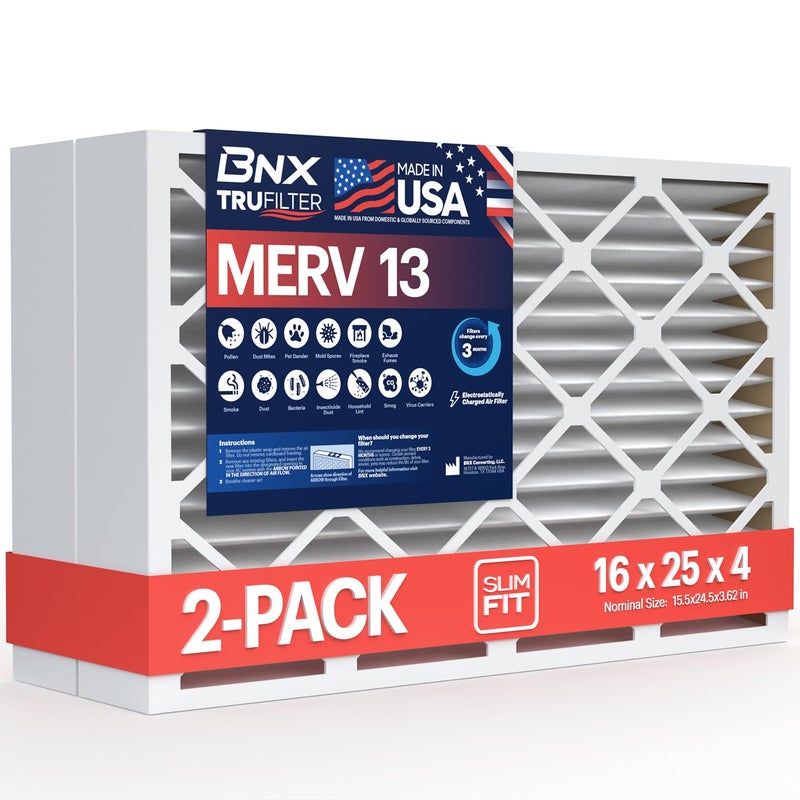 BNX TruFilter 16x25x4 155 x 245 x 363 Slim Fit MERV 13 Air Filter 2Pack  MADE IN USA  Air Conditioner HVAC AC Furnace Filters Health Allergies Mold Bacteria Smoke MPR 1900 FPR 10
