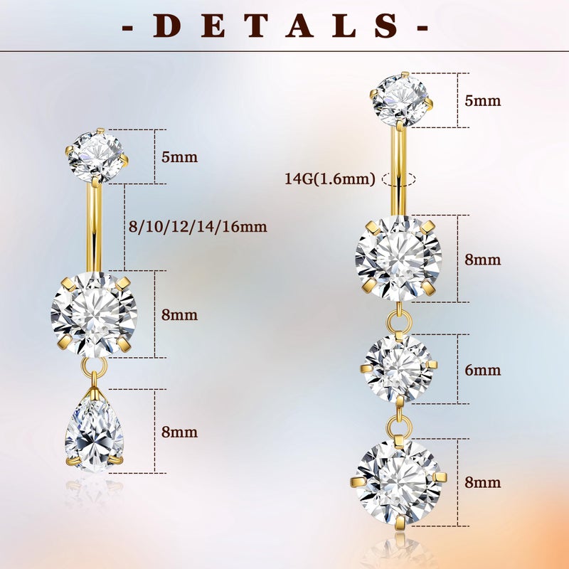 NICEIGHT 2Pcs Surgical Steel Dangle Belly Button Ring for Women Internally Threaded CZ Dangling Navel Ring Hypoallergenic Teardrop Belly Piercing Jewelry 8-16MM Gold 10mm - Image 3