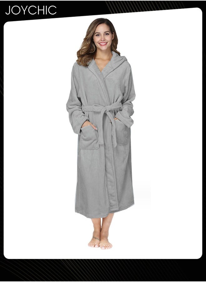 Joychic Solid Pattern Women Loose Hooded Nightgown Autumn and Winter Flannel Skin-friendly Warm Long-sleeved Extra Long Pajamas Sleep Robe with Adjustable Belt Grey  - Image 1