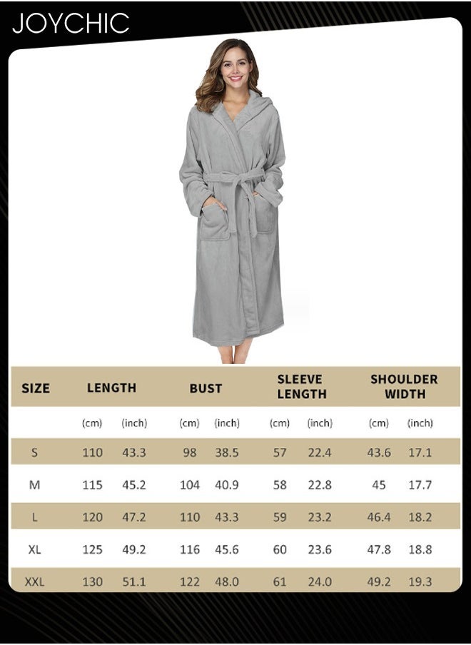 Joychic Solid Pattern Women Loose Hooded Nightgown Autumn and Winter Flannel Skin-friendly Warm Long-sleeved Extra Long Pajamas Sleep Robe with Adjustable Belt Grey  - Image 3