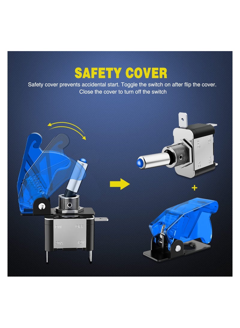Zikra 5PCS LED Toggle Switch ON Off 12V Blue LED Lighted Toggle Switch Aircraft Safety Cover Heavy Duty 20A SPST 3 Pin Rocker Switch for Automotive Cars Trucks Boats - Image 3