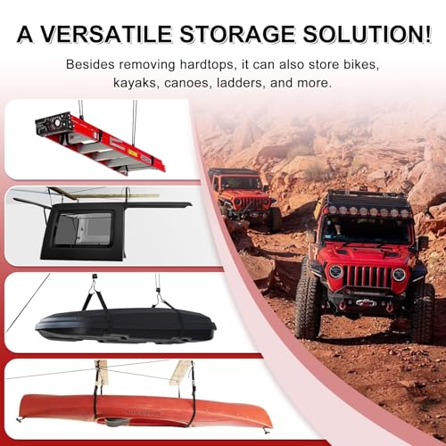 FrameFirm Hardtop Anti-Fall Removal Lift for Jeep Wrangler JL, JK, TJ, and Other Models with Hardtops | Idle Items, Kayak & Attic Hoist | Supports 8-16 ft Ceilings, Comes with 6 T-Knobs, Single-Person Operation - Image 4