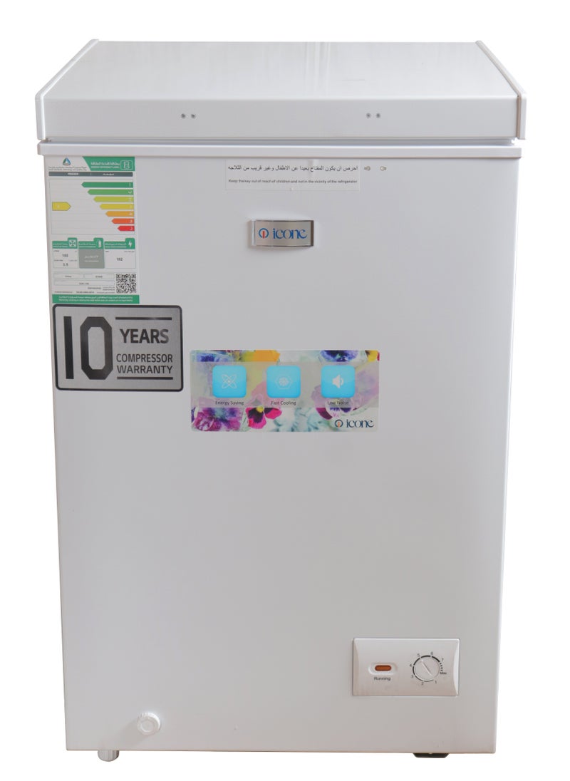 iCone Icone Horizontal Freezer with Spacious 3.5 Cu. Ft. (100 Liters) Capacity, Frost-Free Steam Cooling System, Two Interior Storage Baskets, Interior Lighting for Easy Visibility, Manual Lock for Security, and Large Wheels for Easy Mobility - Model ICN1-100  - Image 1