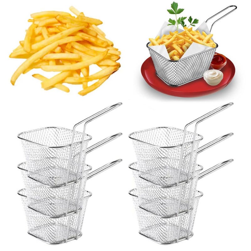 6 Pcs Mini Square Fry Basket Stainless Steel French Fries Holder Deep Fryer Baskets with Handles Table Serving Frying Chips Baskets French Fry Holder for Kitchen Party Barbecue Silver
