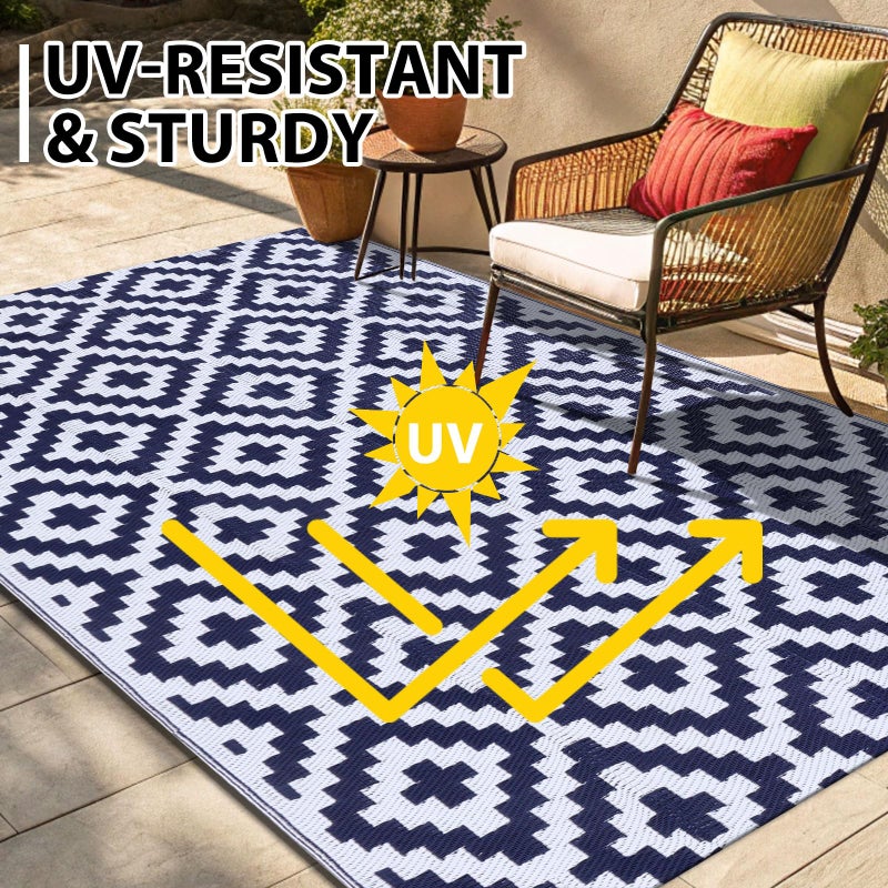 Smiry Waterproof Outdoor Rug 5x8 ft, Reversible Plastic Straw Patio Camping Rugs, Outdoor Indoor RV Mat Carpet for Patio, Outside Entry, Backyard, Deck, Bench, Picnic, Camper, White & Navy - Image 4