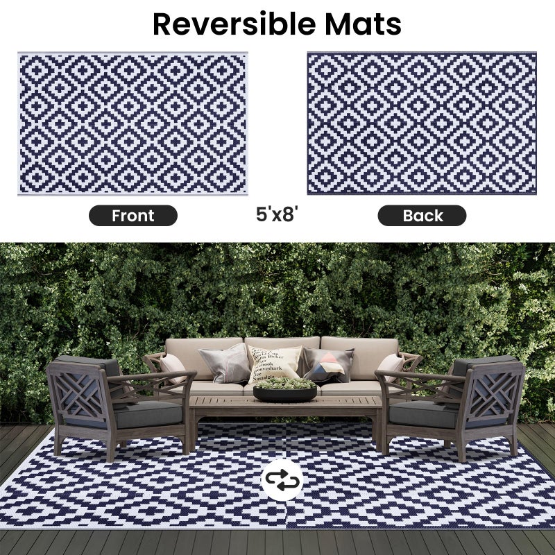 Smiry Waterproof Outdoor Rug 5x8 ft, Reversible Plastic Straw Patio Camping Rugs, Outdoor Indoor RV Mat Carpet for Patio, Outside Entry, Backyard, Deck, Bench, Picnic, Camper, White & Navy - Image 3