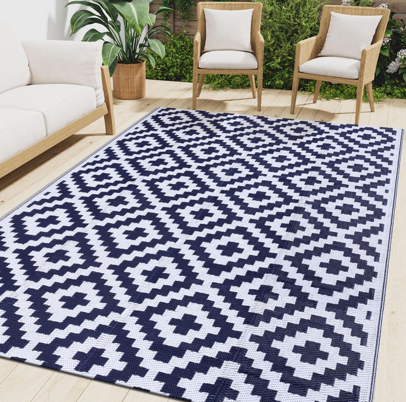 Smiry Waterproof Outdoor Rug 5x8 ft, Reversible Plastic Straw Patio Camping Rugs, Outdoor Indoor RV Mat Carpet for Patio, Outside Entry, Backyard, Deck, Bench, Picnic, Camper, White & Navy - Image 1