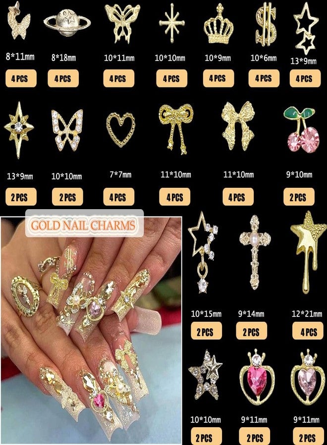 KACHIMOO 120 Pcs Silver Gold Nail Charms 3D Butterfly Cherry Star Bow Cross Planet Crown Heart Dollar Nail Gems Shiny Nail Rhinestones for Women Nail Art DIY Design（21 Styles - Image 2