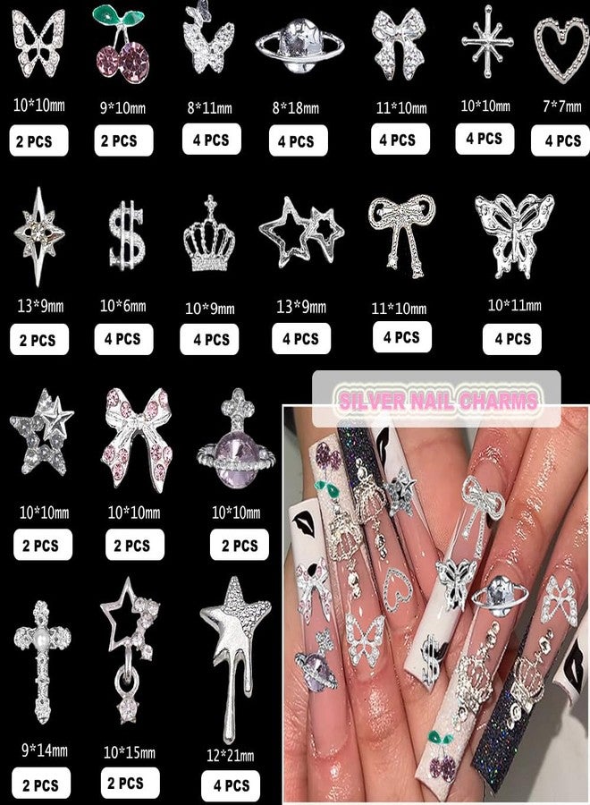 KACHIMOO 120 Pcs Silver Gold Nail Charms 3D Butterfly Cherry Star Bow Cross Planet Crown Heart Dollar Nail Gems Shiny Nail Rhinestones for Women Nail Art DIY Design（21 Styles - Image 3