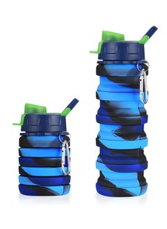 Collapsible 500ml Sports Water Bottle - Portable Silicone Drink Bottle for Adults, Ideal for Outdoor Fitness, Hiking, and Travel with Camouflage Blue Design and Convenient Buckle.