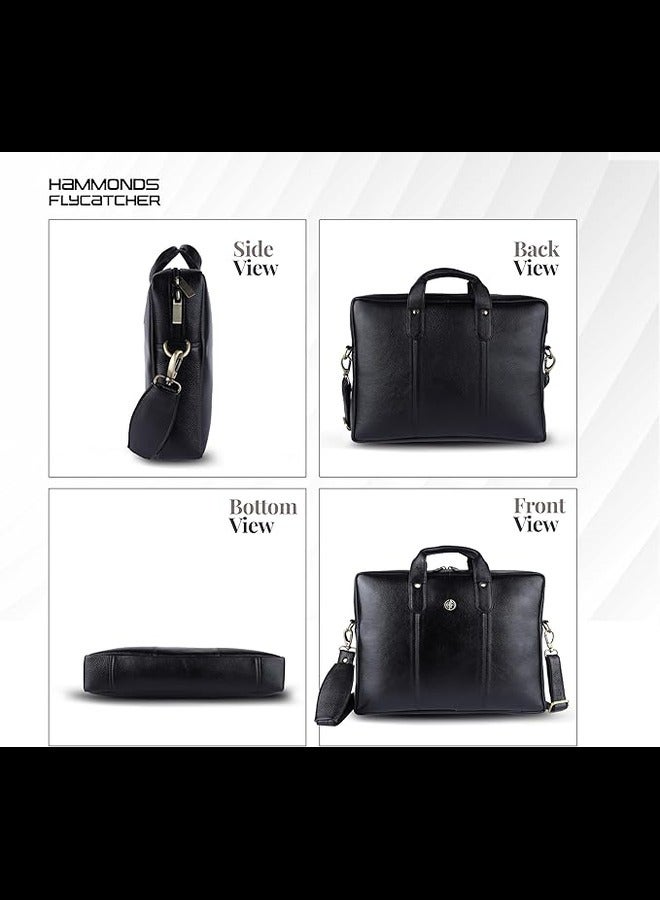  هاموندز فلاي كاتشر حقيبة مكتب من الجلد الطبيعي HAMMONDS FLYCATCHER للرجال، حقيبة كمبيوتر محمول للرجال، حقيبة جلدية للرجال لأجهزة الكمبيوتر المحمول مقاس 15.6 بوصة، حزام قابل للتعديل، مقصورات متعددة، مقاومة للماء، ضمان لمدة عام - أسود - Image 3