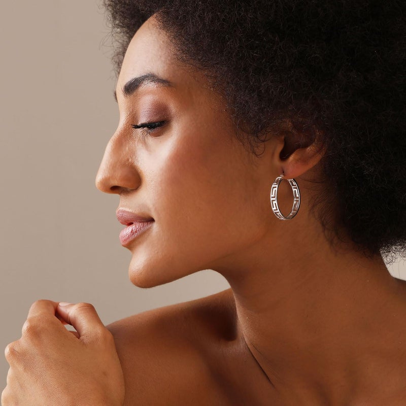 LeCalla 925 Sterling Silver Greek Key Pattern Hoop Earrings | Medium Lightweight Greek Wall Cut-Out Hoop Earrings for Women 30MM - Image 2