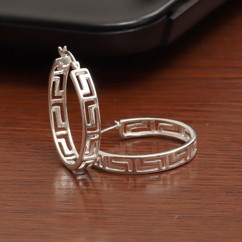 LeCalla 925 Sterling Silver Greek Key Pattern Hoop Earrings | Medium Lightweight Greek Wall Cut-Out Hoop Earrings for Women 30MM - Image 4