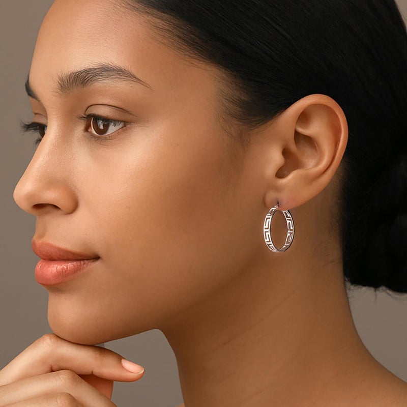LeCalla 925 Sterling Silver Greek Key Pattern Hoop Earrings | Medium Lightweight Greek Wall Cut-Out Hoop Earrings for Women 30MM - Image 3