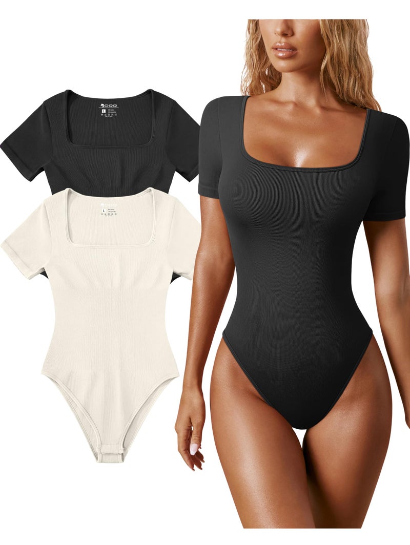 OQQ Women's 2 Piece Bodysuits Sexy Ribbed One Piece Square Neck Short Sleeve Bodysuits Black Beige - Image 1