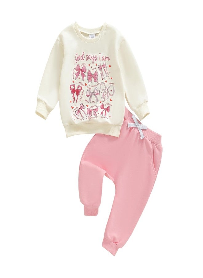 Xnqiwq Christian Baby Girl Clothes God Says I Am Bow Sweatshirt and Pants Set 2Pcs Toddler Girl Fall Winter Outfits (Pink, 18-24 Months) - Image 1